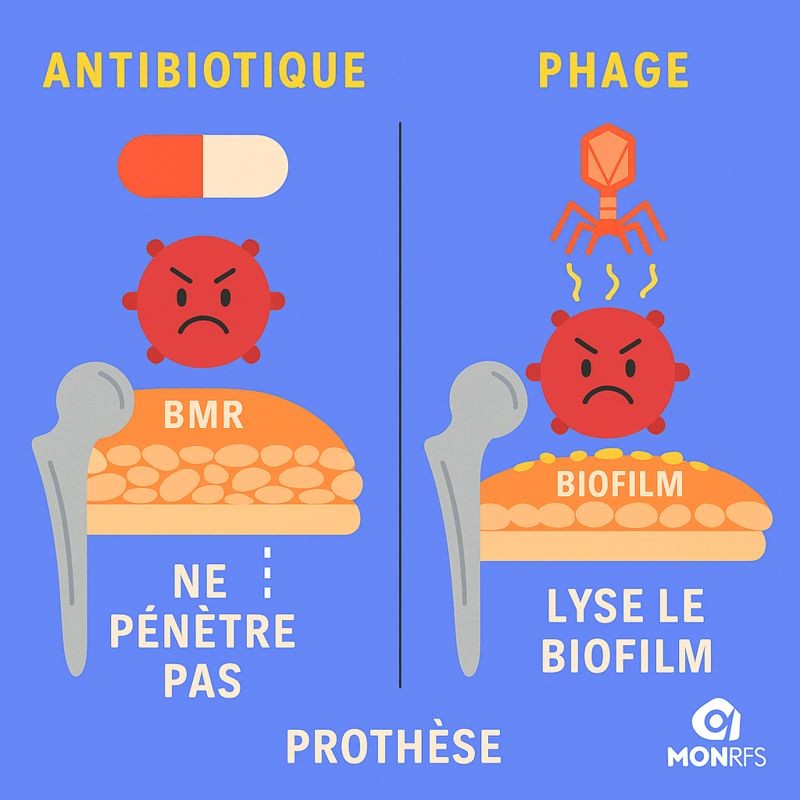 Antibiotique vs Phage — l'antibiotique ne pénètre pas le biofilm, le phage le lyse