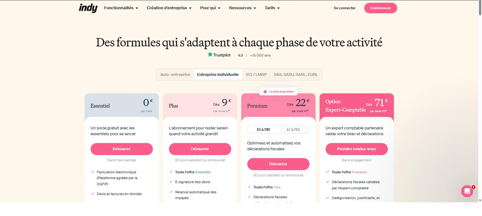 Grille tarifaire d'Indy pour une entreprise individuelle : offre Essentiel gratuite, offres Plus, Premium et option Expert-Comptable, sous les anciens noms d'offres, avant leur renommage.