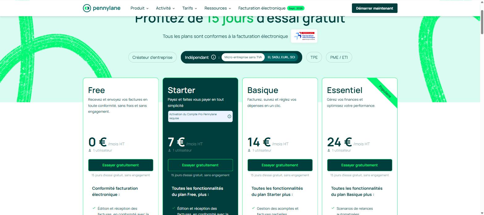 Grille tarifaire de Pennylane montrant le plan gratuit et le plan Starter.