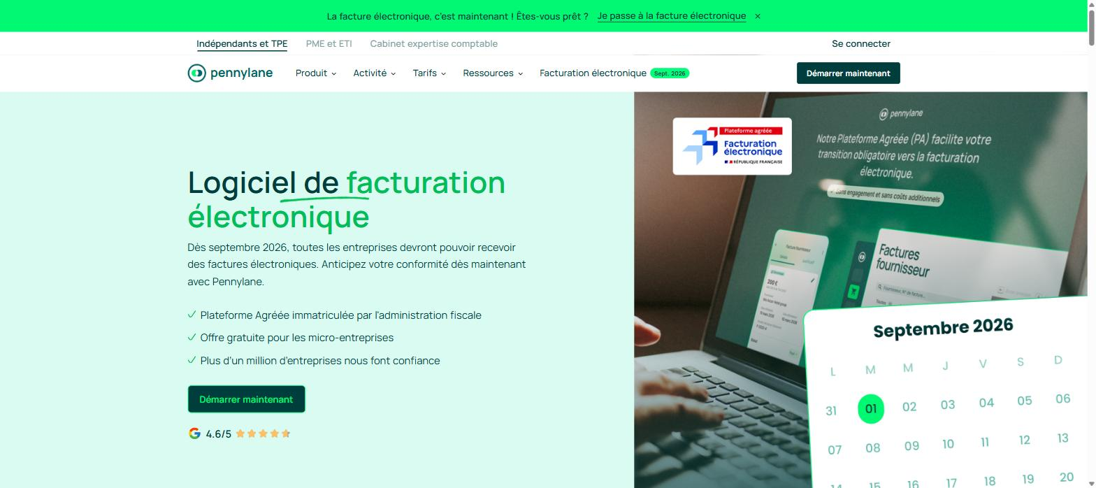 Page facturation électronique de Pennylane, avec la mention « Offre gratuite pour les micro-entreprises ».