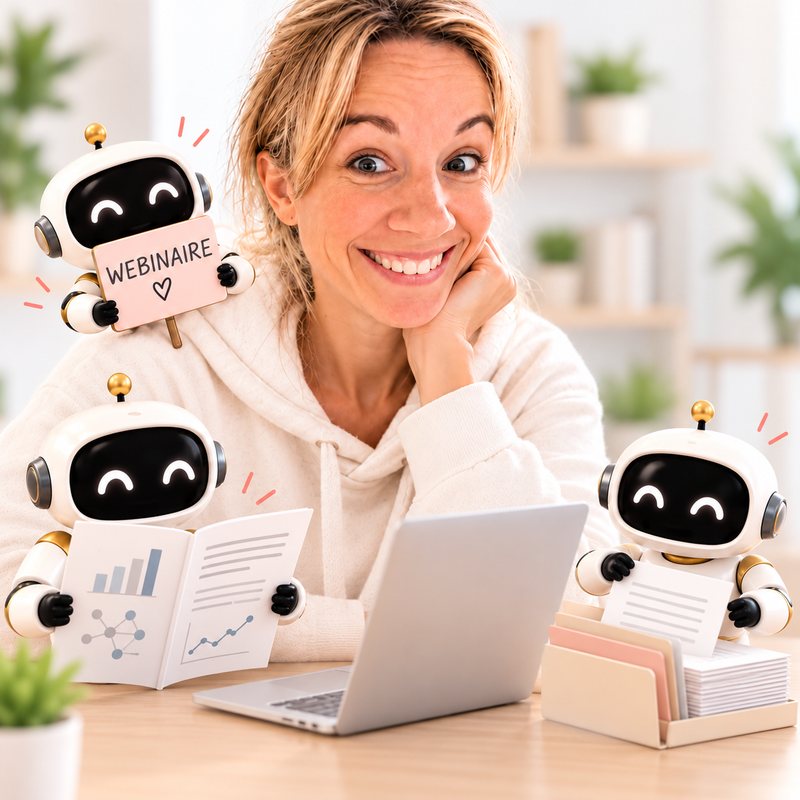 Élise Branchereau-Noirot, qui anime le webinaire, entourée de petits robots illustrés dont l'un tient une pancarte « Webinaire » et les autres des documents.