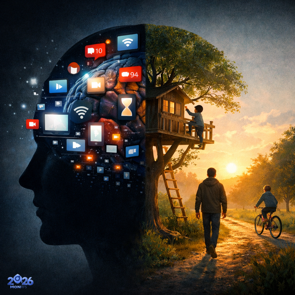 Illustration représentant la sédentarité et la surcharge numérique face au mouvement quotidien, à la nature et au lien social.